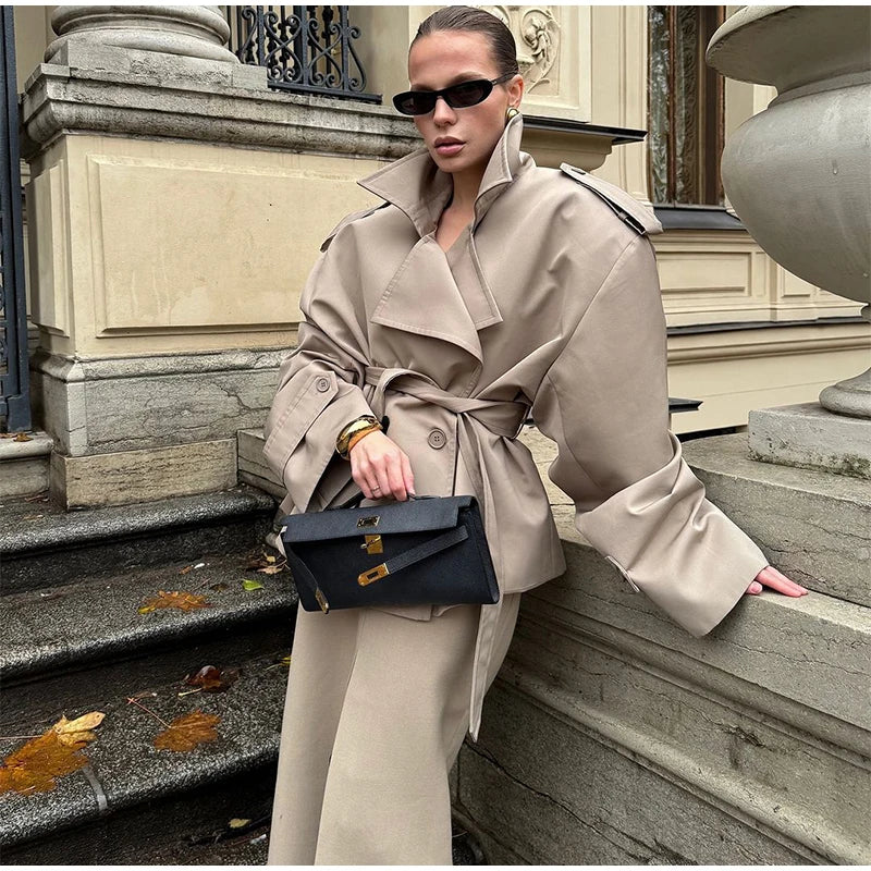Women's Lace-Up Cropped Trench Coat – Wide Shoulder Windbreaker Jacket