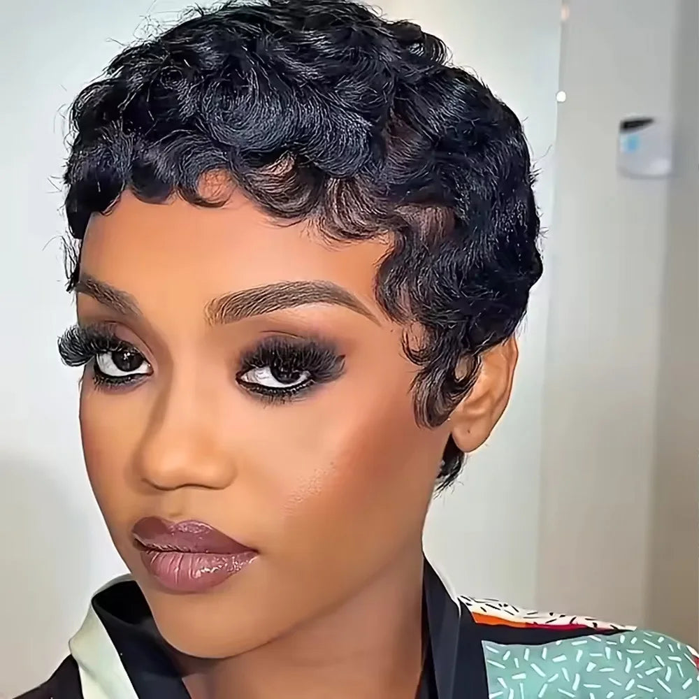 Women's Human Hair Pixie Cut Wig full machine made - Short Layered Curly with Bangs, Natural Black 250% Density