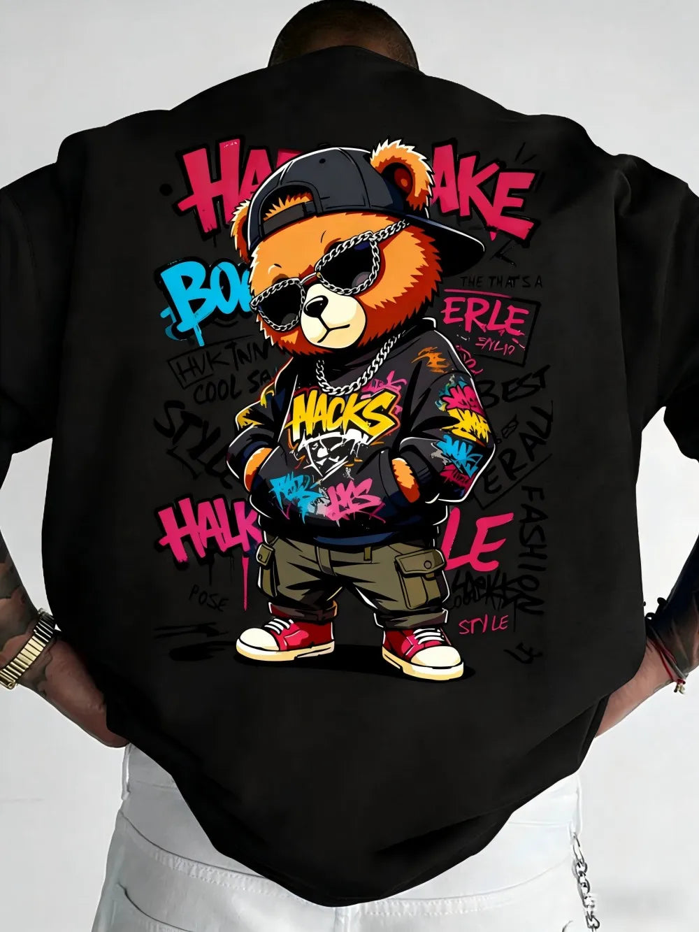 Teddy Bear Graffiti Print T-Shirt — Men's Breathable Round Neck Street Style Top