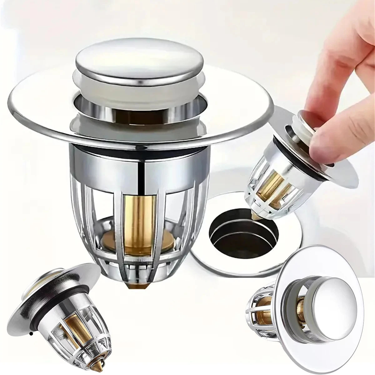 No More Clogged Drains — Pop-Up Chrome Sink Drain Stopper | Universal Rebound Filter with Hair Catcher, Easy Push Type