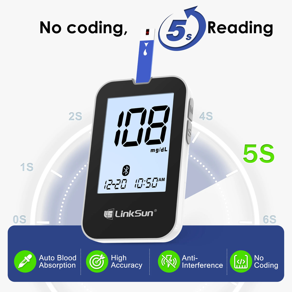 LinkSun G-427B Bluetooth Blood Glucose Meter Kit – Smart App-Connected Glucometer with Large Display & High Accuracy Diabetes Monitoring