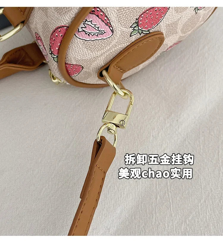 Cherry Print PU Leather Boston Crossbody Shoulder Bag – Luxury Designer Handbag for Women