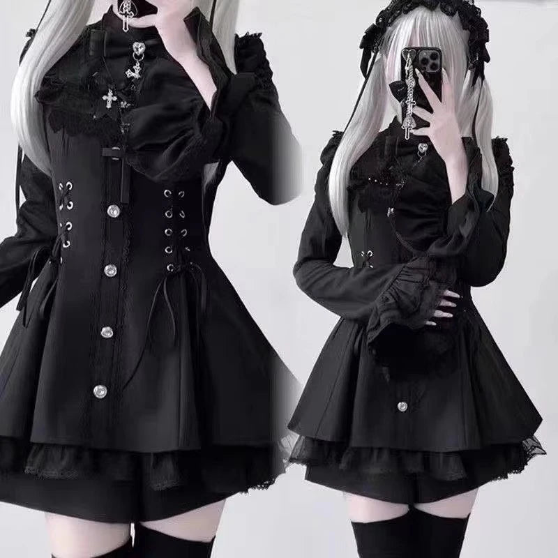 Japanese Gothic Lolita Mini Dress — Harajuku Y2K Bow Lace Ruffle Party Dress