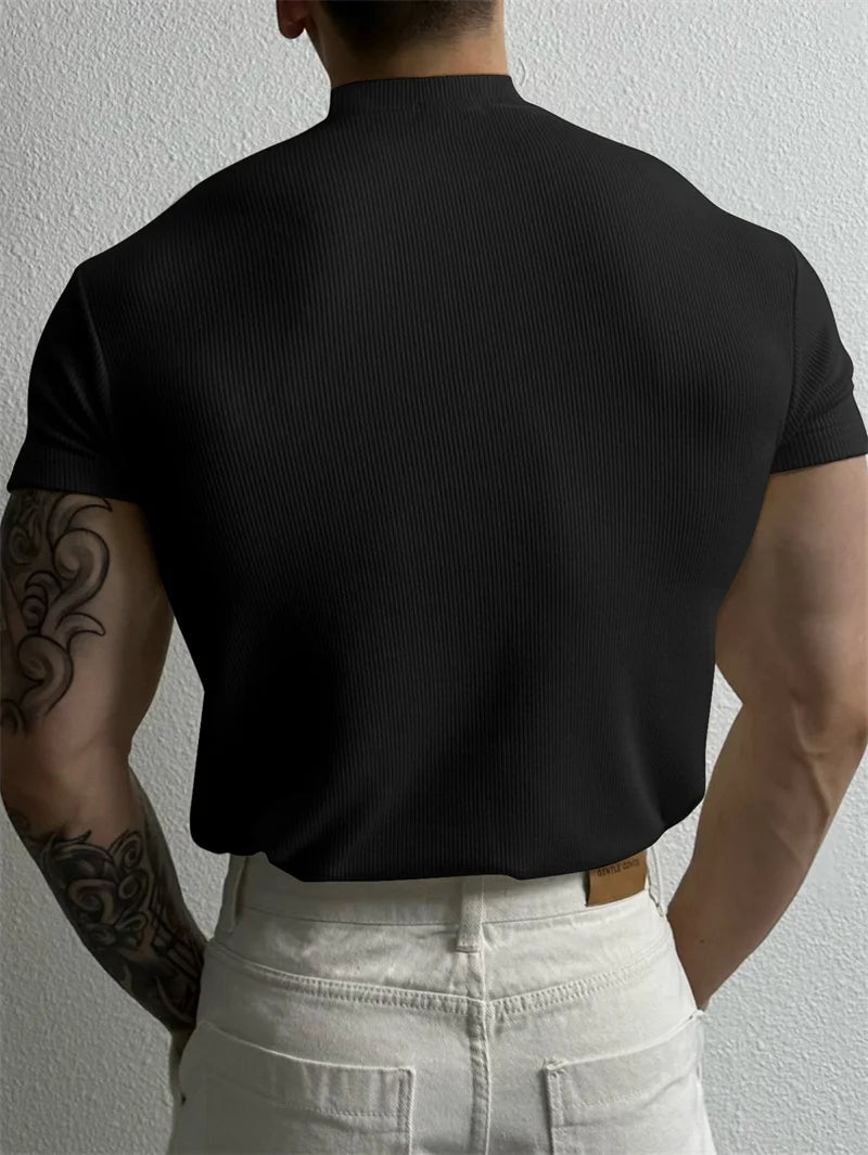 Men's Striped High Collar Short Sleeve Fitness Top — Athletic Training Shirt