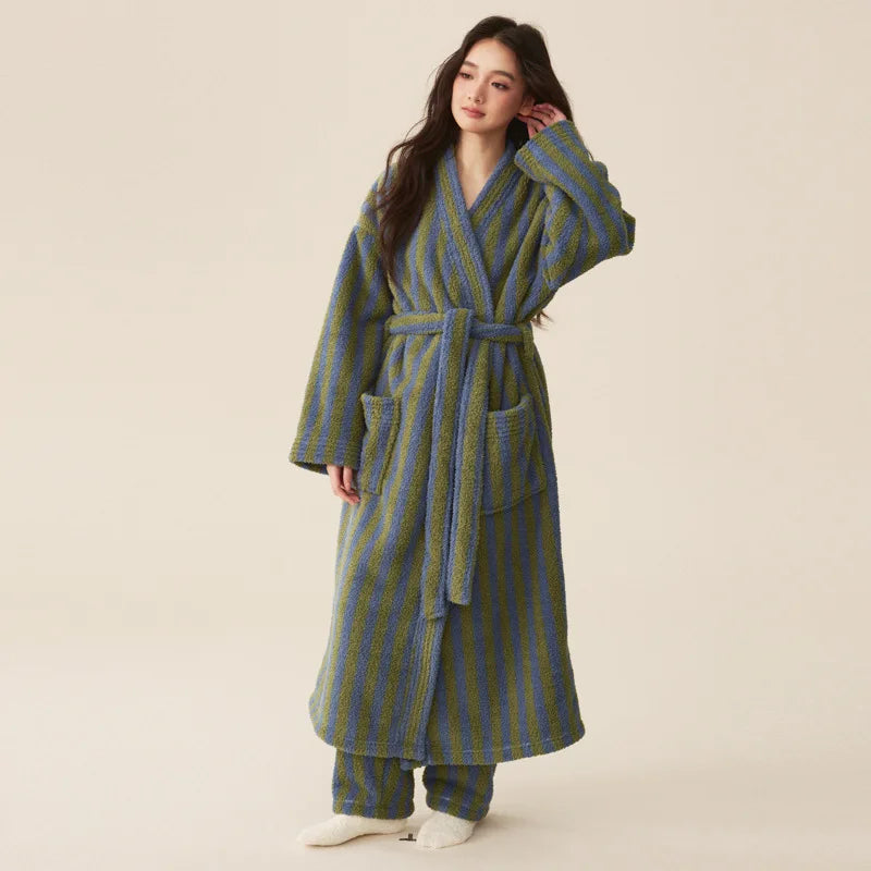 Women's Coral Velvet Striped Fleece Robe | Thick Plush Dressing Gown Loungewear