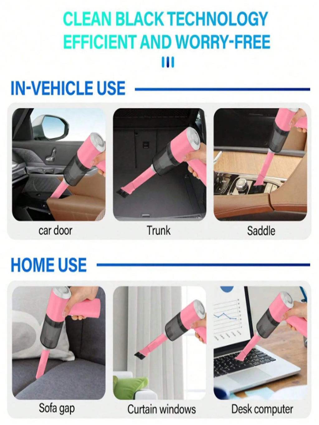 3-in-1 Suction & Blowing Vacuum Cleaner — USB Charging Portable Car & Home Vacuum with 3 Blow Nozzles