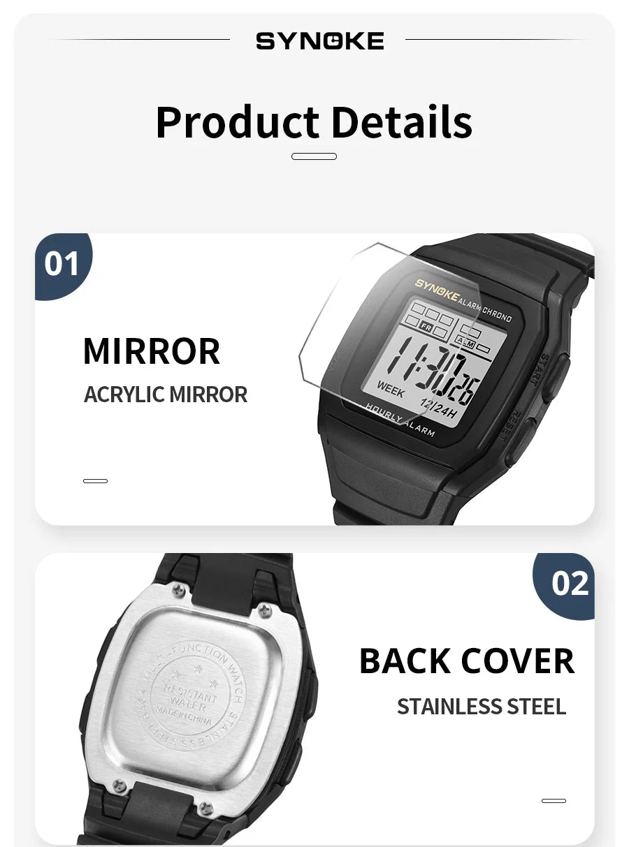 SYNOKE Retro Square Digital Watch | Student Outdoor Sports Luminous Waterproof Multifunction