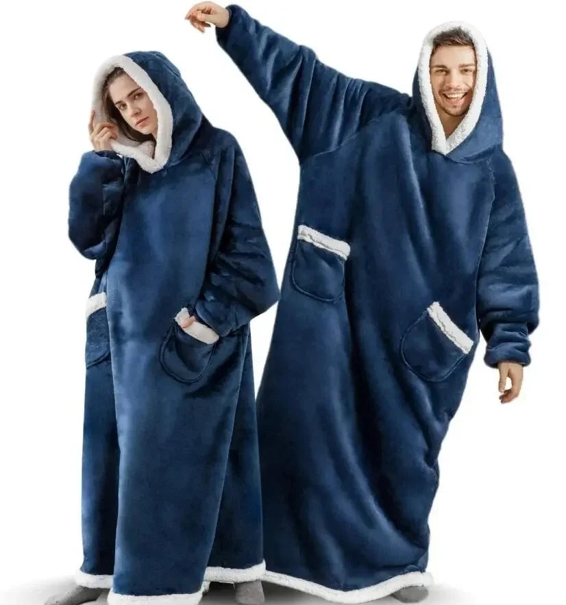 Super Long Flannel Blanket Hoodie – 180cm Oversized Fleece Sweatshirt with Sleeves for Women & Men