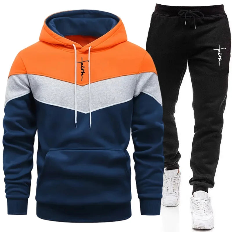 Men's Tricolor Hoodie & Sweatpants Tracksuit – Autumn Winter Casual Sport Set