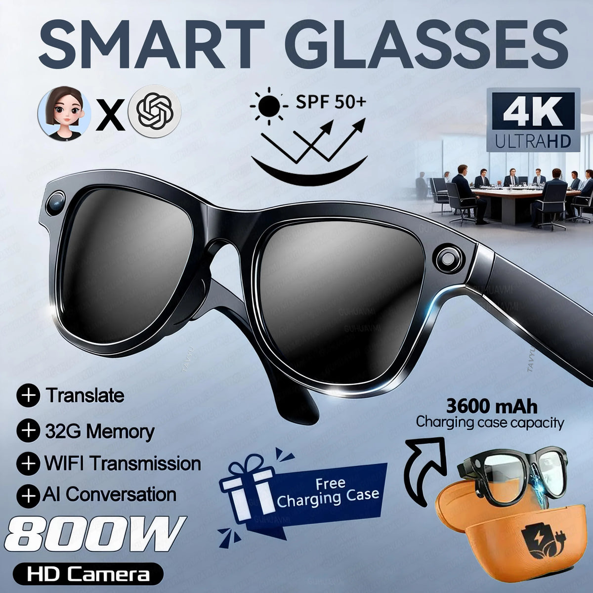 2026 AI Smart Glasses – 4K Camera, 120+ Language Translation, 3600mAh Power Bank, Bluetooth 5.3