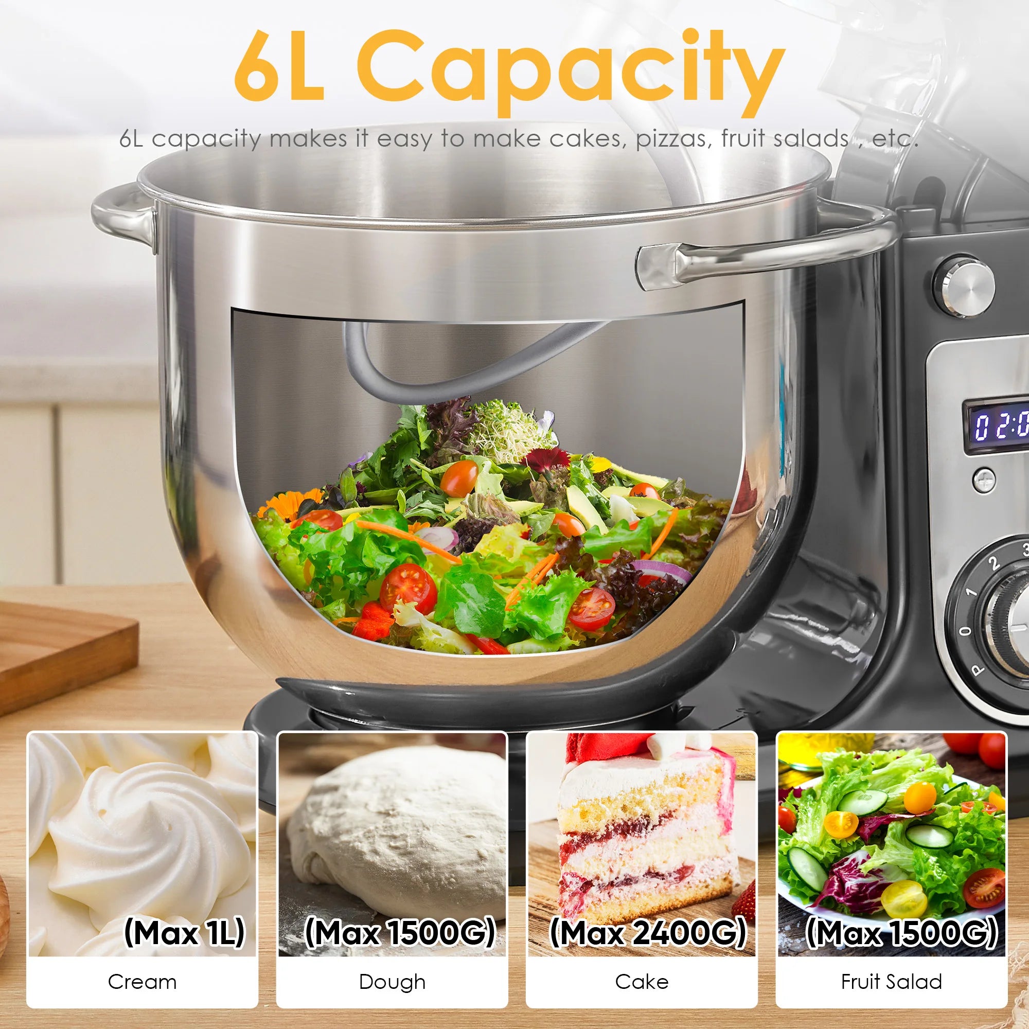 6L 1200W Stand Mixer — Quiet DC Motor, 6-Speed, Dough Kneader & Egg Whisk