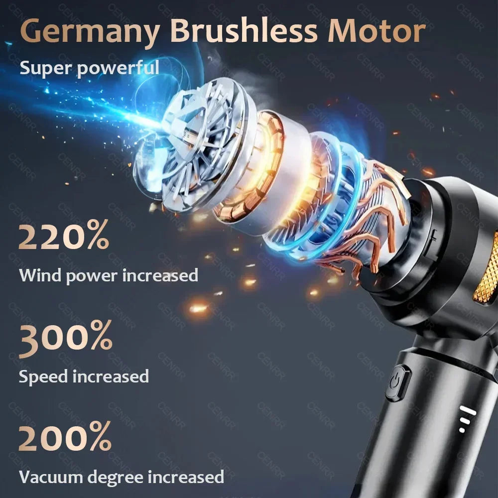 CENRR Wireless Car Vacuum Cleaner — 3-Gear Brushless Motor, 6000mAh, 9 Accessories, USB-C Charging