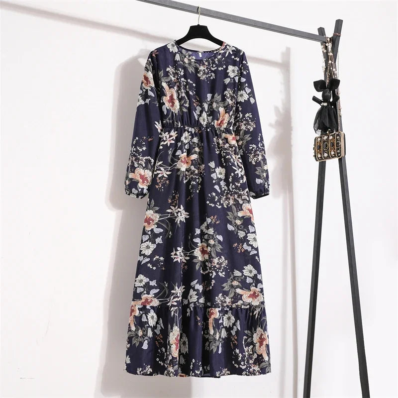 Full Sleeve Floral Geometry Print Boho Beach Party Dress — O-Neck Casual Maxi Dress
