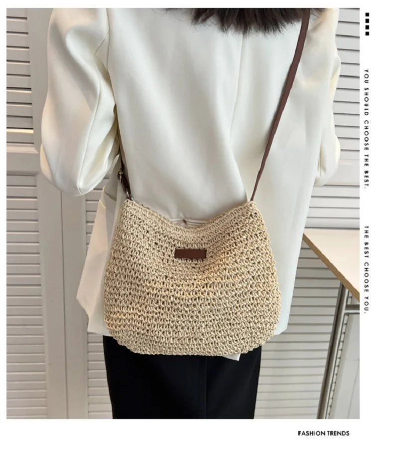 Woven Straw Crossbody Bag – Boho Beach Shoulder Bag for Women