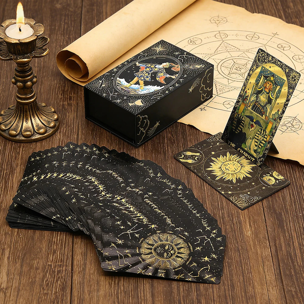 Golden Foil Tarot Cards Set – Luxe Finish with Wooden Card Stand for Beginners & Predictive Readings