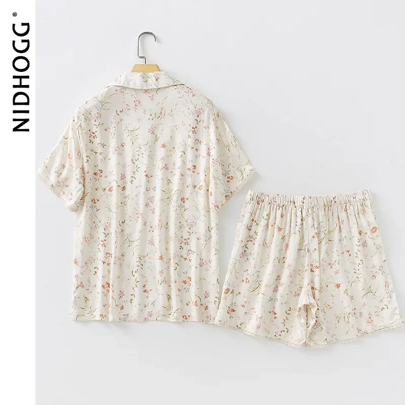 Women's Satin Willow Print Pajama Set | Short Sleeve Shorts Summer Nightwear Loungewear