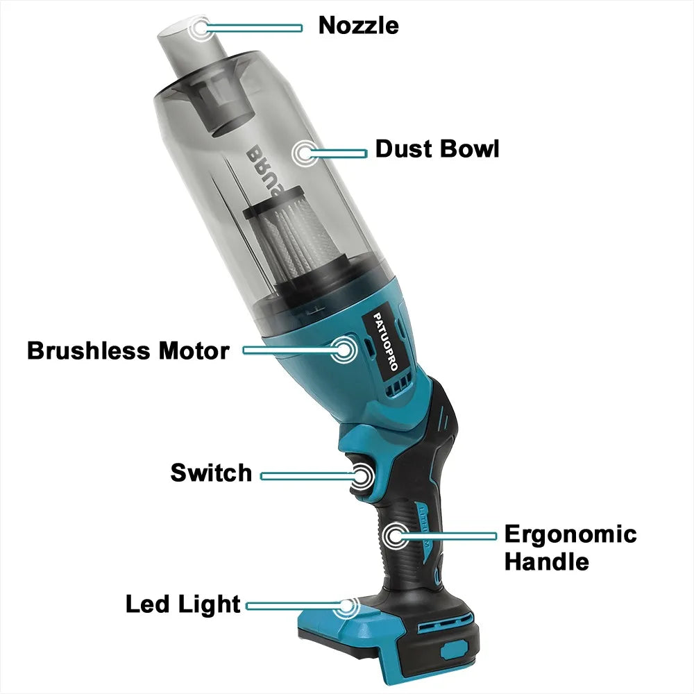 PATUOPRO Brushless Cordless Electric Vacuum Cleaner — Handheld 18V for Carpet, Pet Hair & Dust, Compatible with Makita Battery