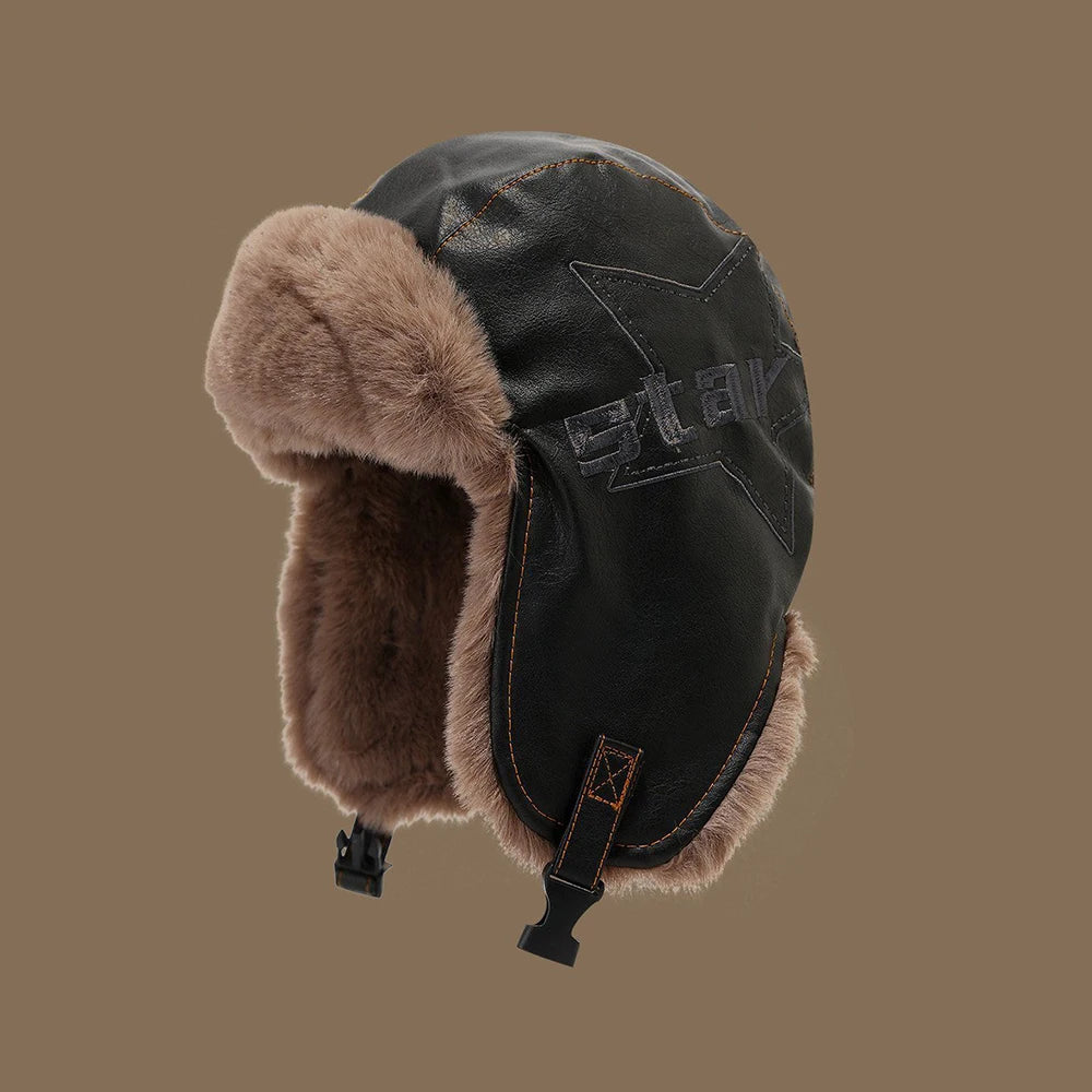 Faux Leather Trapper Hat with Plush Lining and Ear Flaps