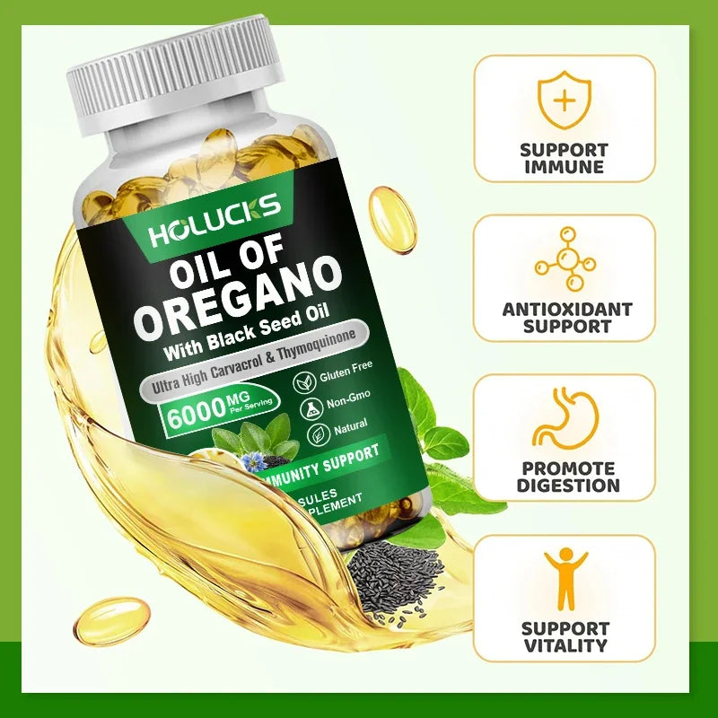 Oregano Oil & Black Seed Oil Softgels – Immune, Gut Health & Antioxidant Support, 60 or 120 Capsules