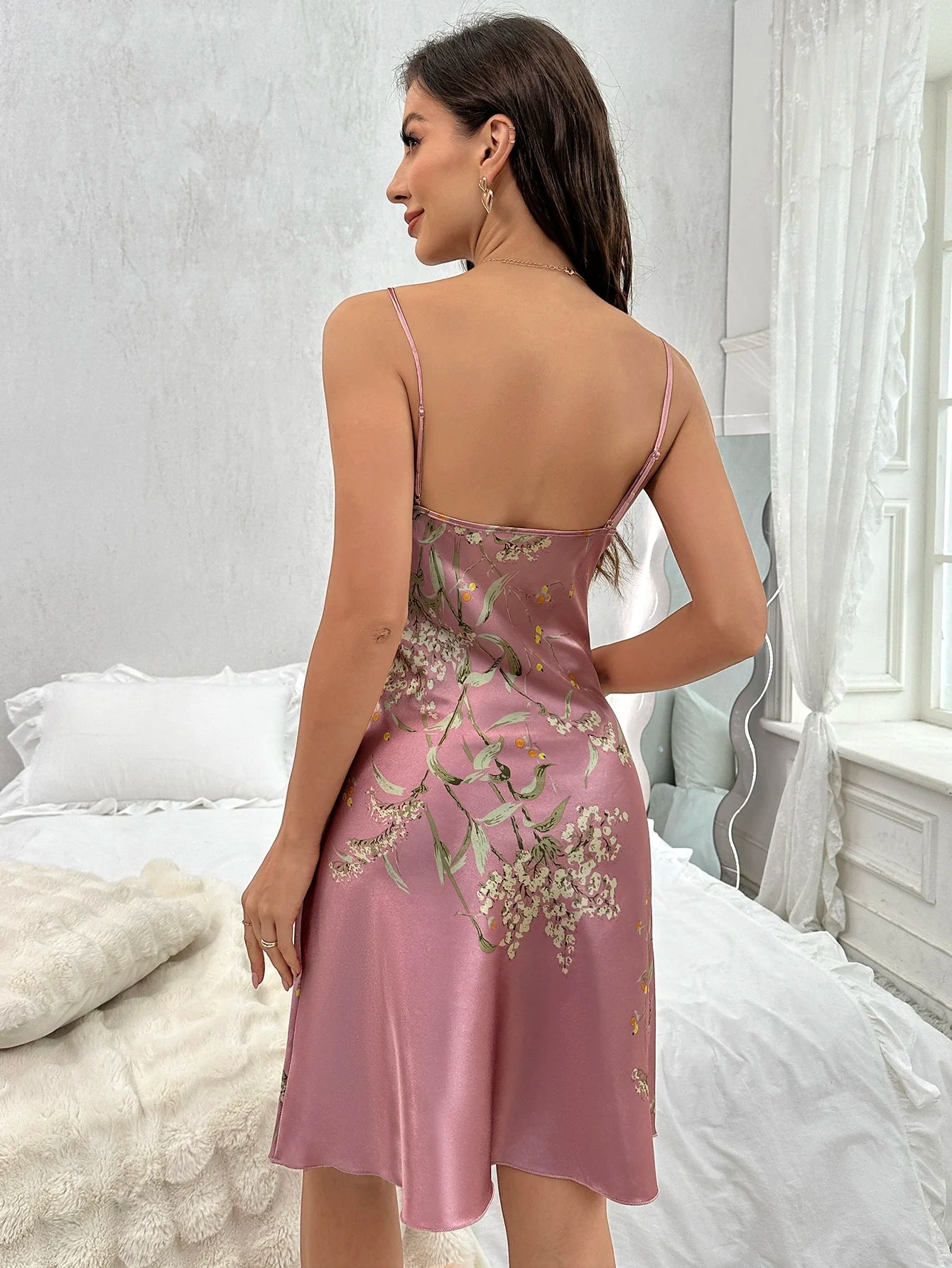 Floral Print V-Neck Spaghetti Strap Nightdress — Sexy Sleep Dress