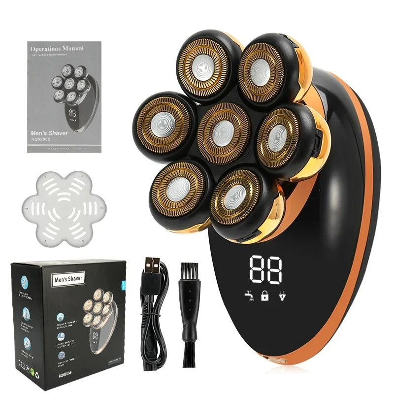 7D Floating Head Electric Shaver for Men – Wet/Dry Rotary Razor with LCD Display & Bald Head Trimmer