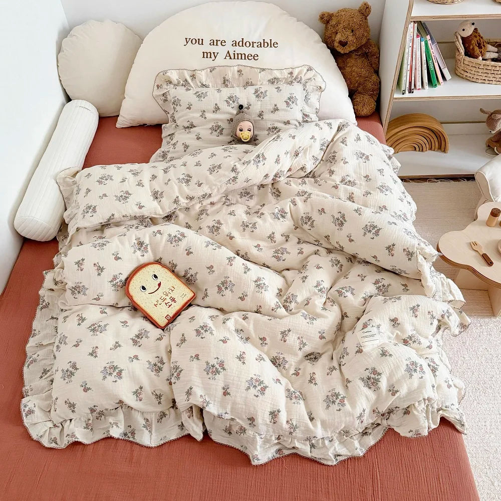 Princess Ruffle Bedding Set – 100% Cotton Gauze Duvet Cover with Pillowcases, Floral, 3-Piece