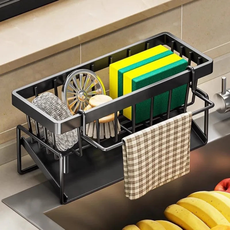 Kitchen Sponge Holder & Sink Drain Rack – Dish Cloth & Scrubber Organizer with Hanging Hook