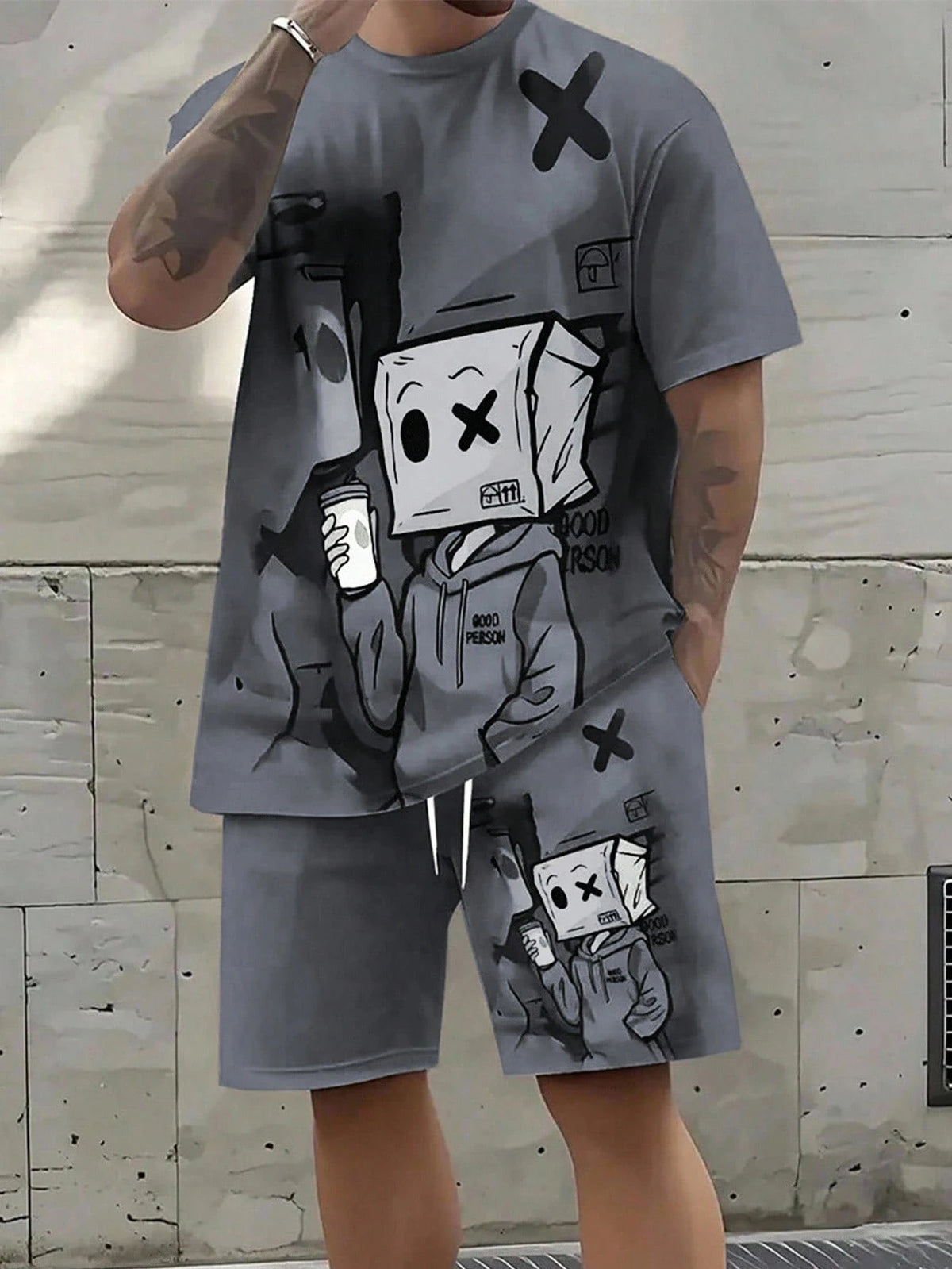 Men's Graffiti Doll Print Crew Neck Short Sleeve & Shorts Loose 2-Piece Set – Trendy Sport