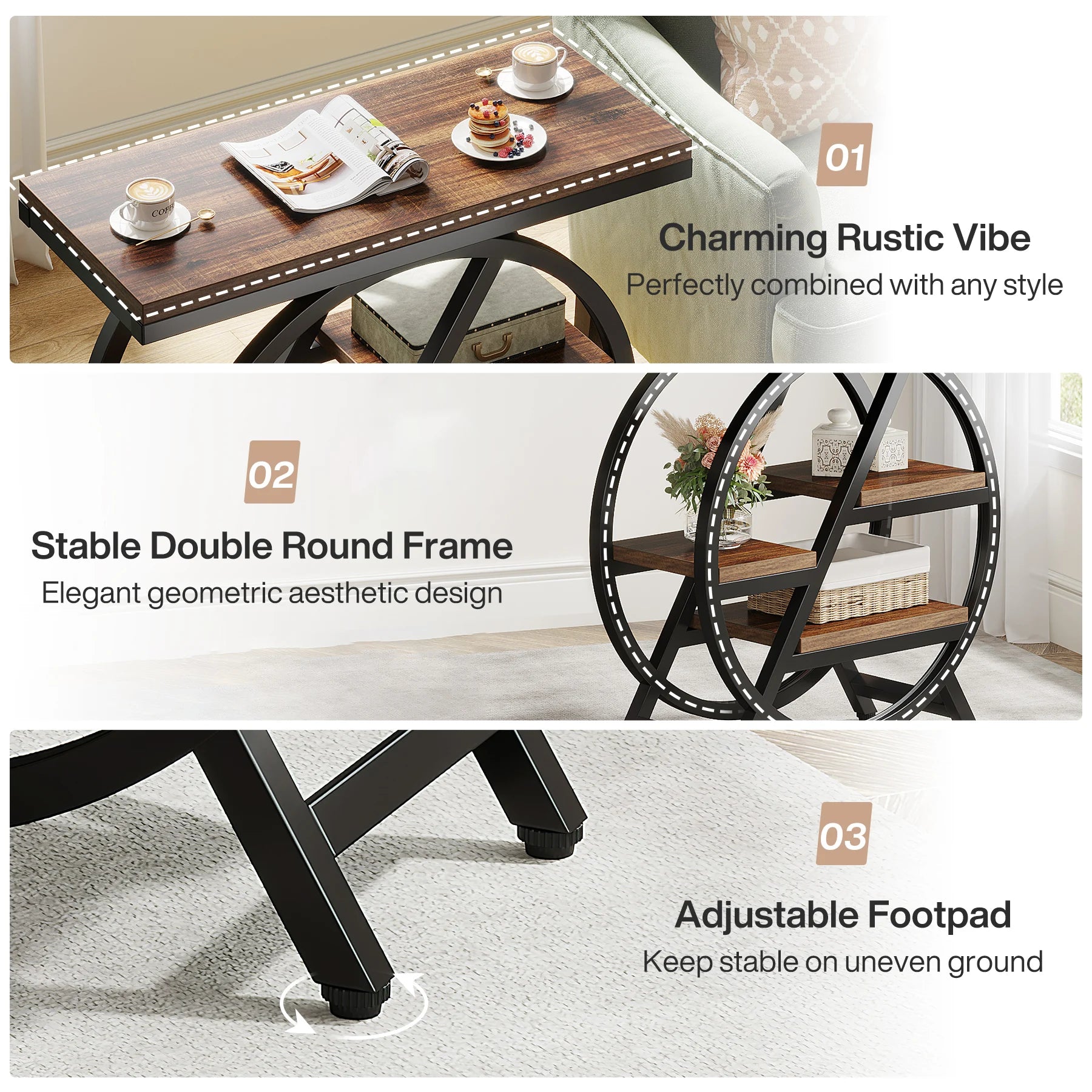 Tribesigns 3-Tier Narrow Side Table — Wood & Geometric Metal Frame