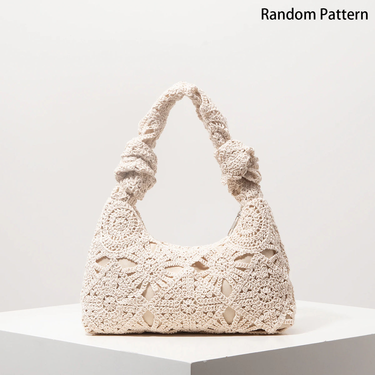 Boho Floral Half-Moon Beach Bag – Hollow-Out Polyester Shoulder Bag for Women
