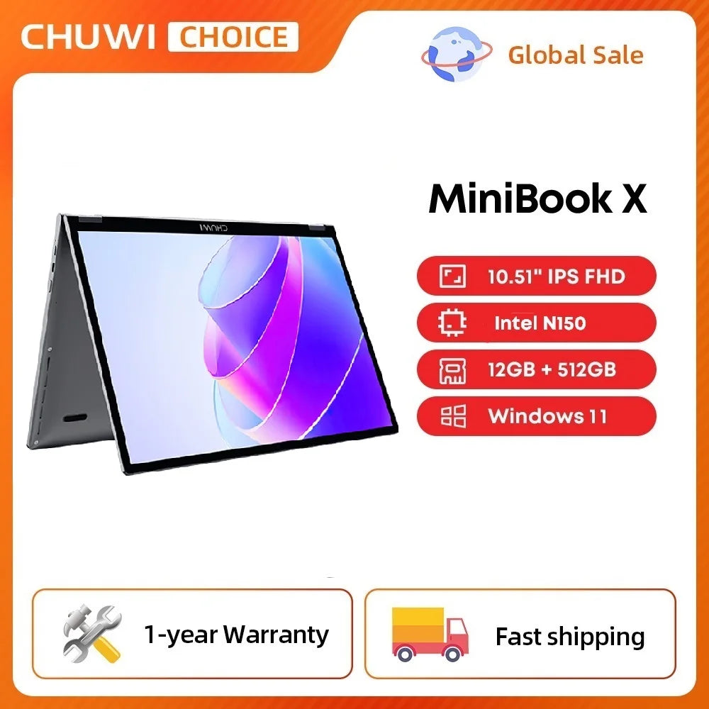 CHUWI MiniBook X 10.51" 2-in-1 Touchscreen Laptop – Intel N150, 16GB LPDDR5, 512GB SSD, 360° Yoga, Windows 11