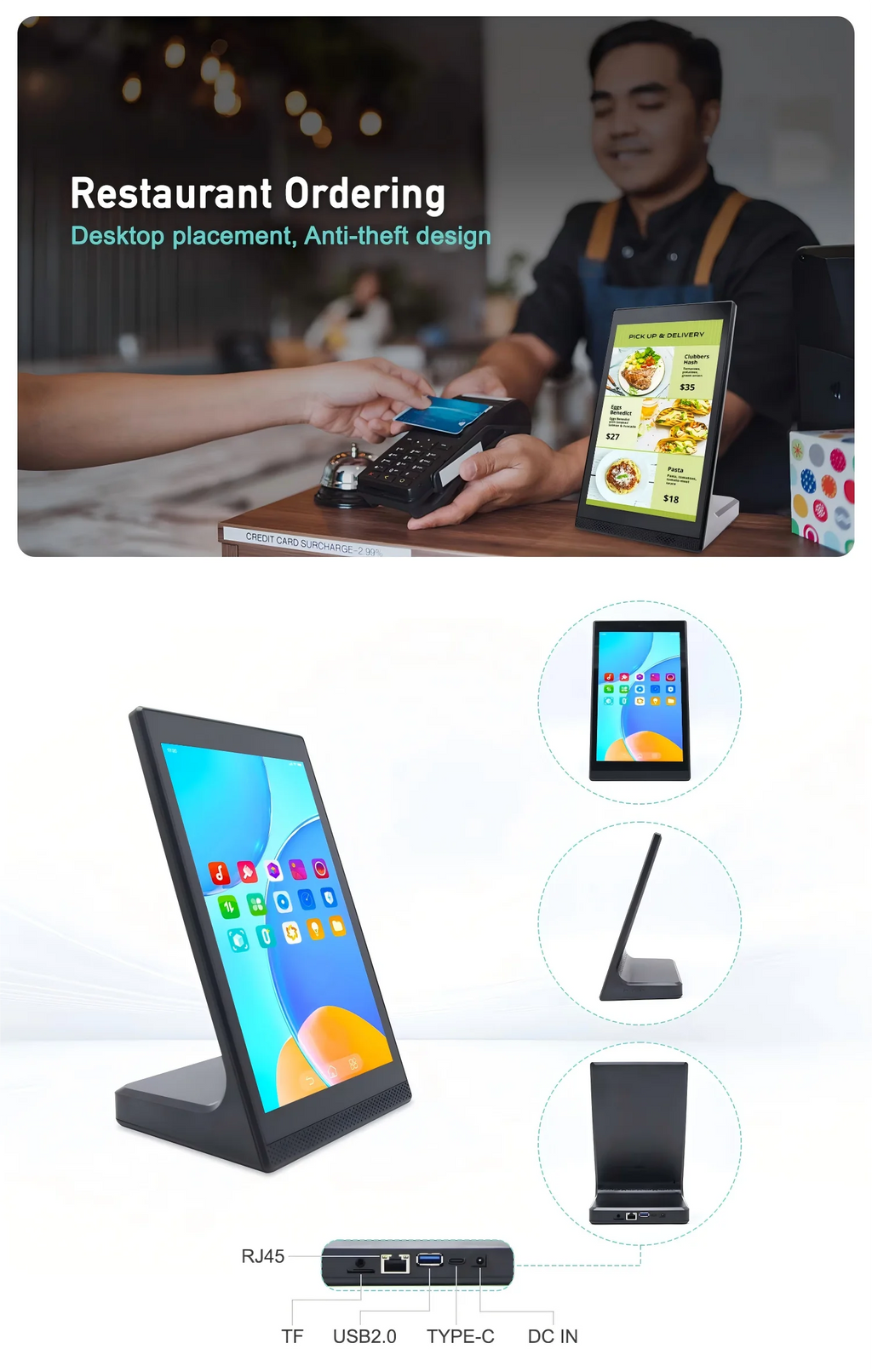 Android 13 Vertical Touch Screen POS Kiosk – 10.1", RK3568, 2GB RAM, Wi-Fi, NFC
