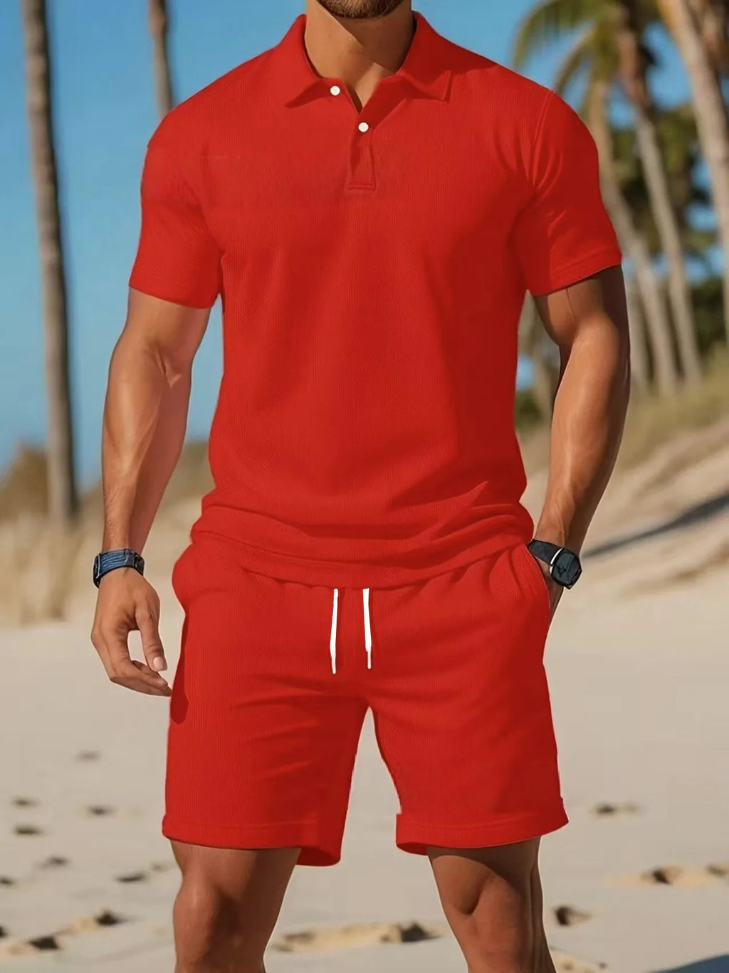 Men's Button-Down Polo Shirt & Breathable Mesh Shorts Set – Casual Versatile Summer Plus Size