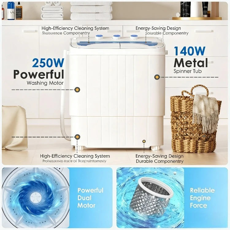 Portable Twin Tub Washing Machine & Spin Dryer — 16 lbs Compact Laundry Washer for Apartment, Dorm, RV & Camping
