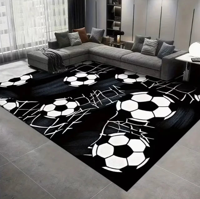 Football Print Area Rug – Black & White Sports Carpet for Bedroom, Living Room & Yoga