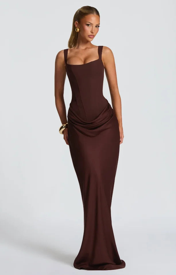 Square Neck Pleated Sling Dress — Off-Shoulder Waist-Cinching Slim Evening Gown