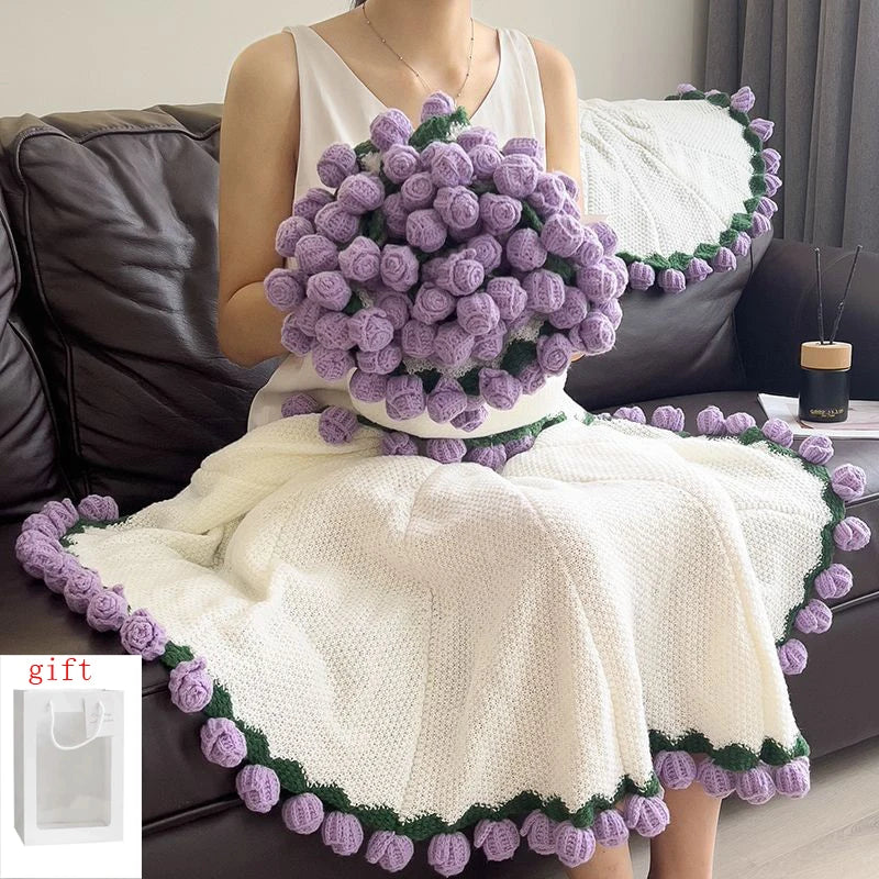 Rose Blanket Bouquet – Handmade Crochet Roses with Gift Bag, Valentine's Day & Birthday Gift for Girlfriend