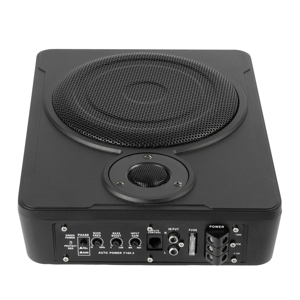 Black subwoofer with visible brand logo on a white background