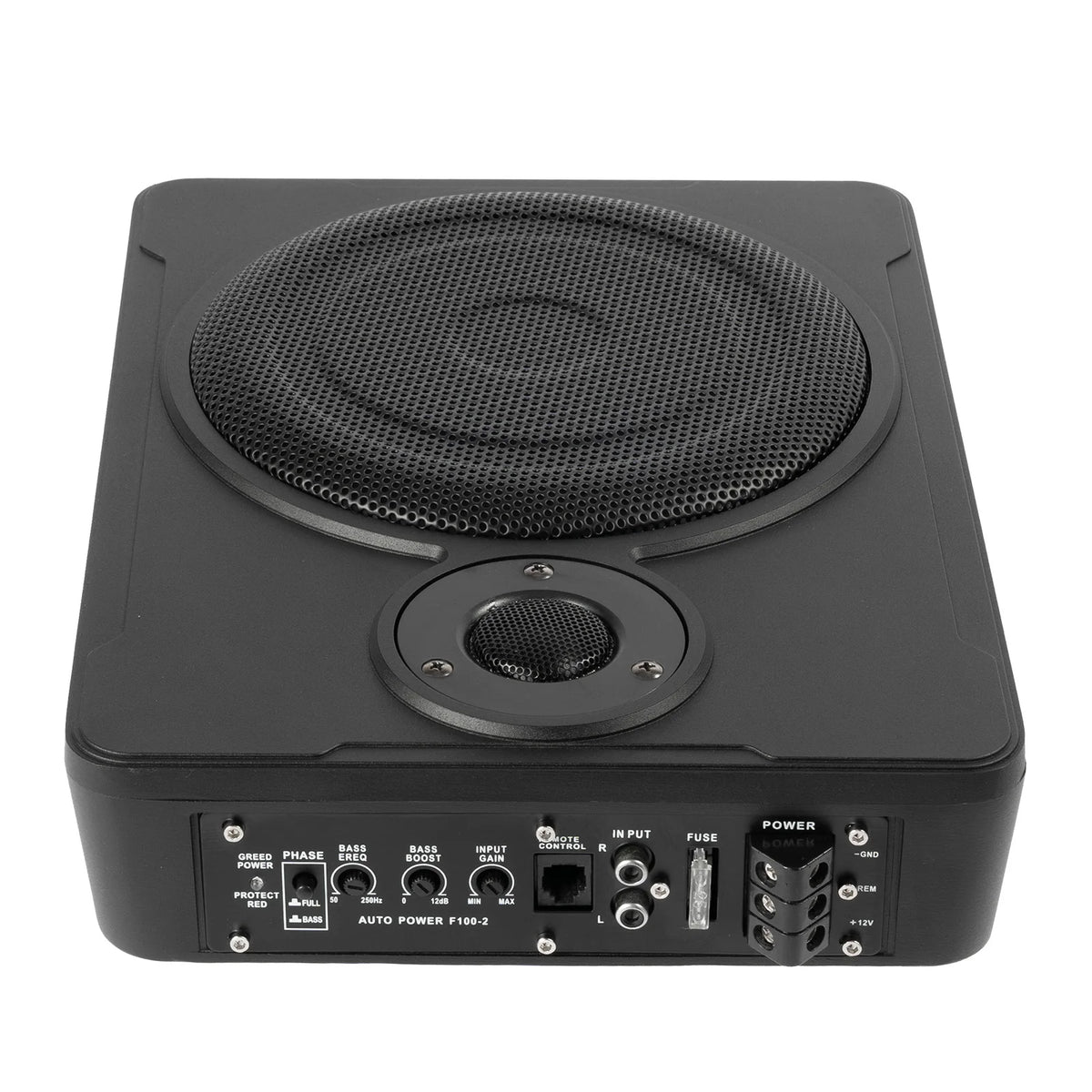 Black subwoofer with visible brand logo on a white background