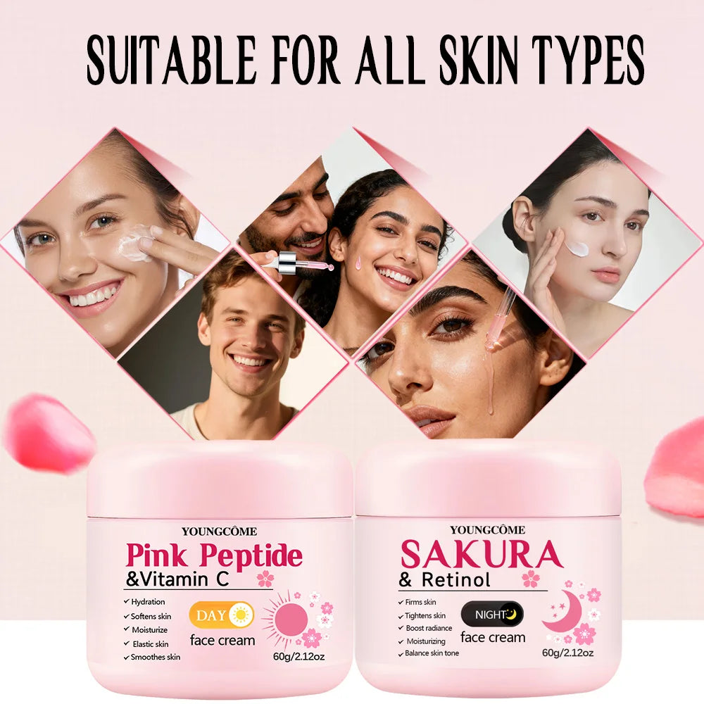 4-Piece Day & Night Skincare Set – Peptide Vitamin C Day Cream & Serum + Sakura Retinol Night Cream & Serum