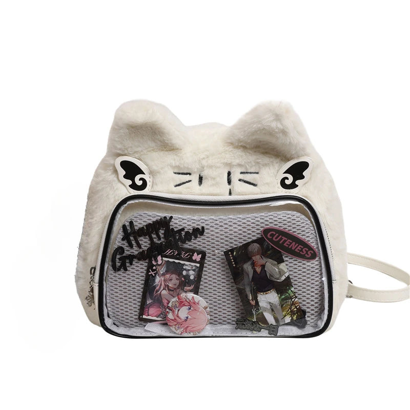 Furry Plush Kawaii Cat Ita Backpack – Cute Student Crossbody Bag for Women