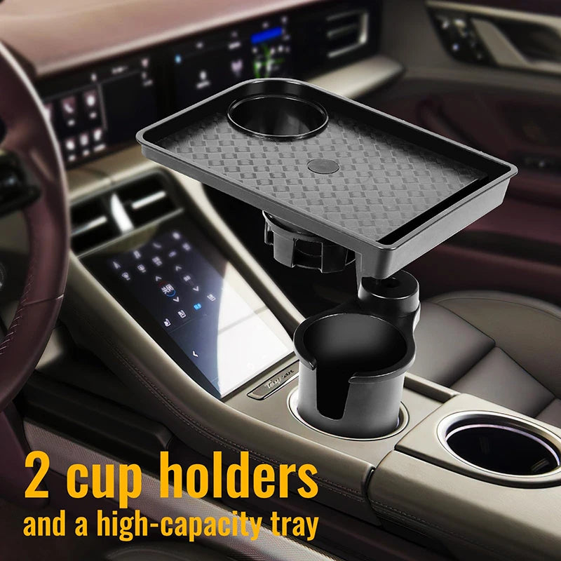Car cup holder tray with two cup holders and a high-capacity tray inside a vehicle.