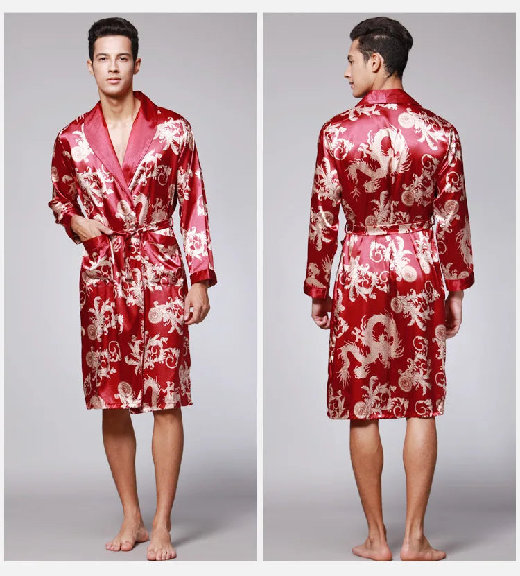 Men's Dragon Print Kimono Bathrobe — Plus Size Satin Robe