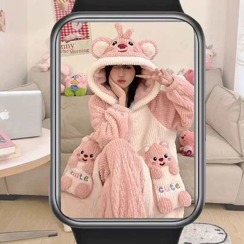 Women's Kawaii Coral Velvet Hooded Pajamas | Thickened Flannel Casual Homewear Suit