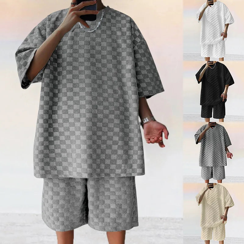 Men's Oversized Chessboard Plaid Shirt & Shorts Set – Loose Summer Leisure 2-Piece