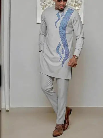 Men's African Kaunda Kaftan Long Sleeve Top & Pants 2-Piece Suit – Traditional Ethnic Wear