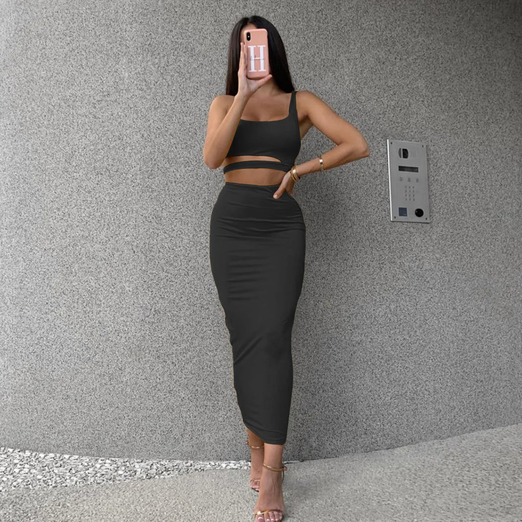 Sexy Pleated Hollow-Out Two-Piece Dress — Elegant Long Night Party Dress
