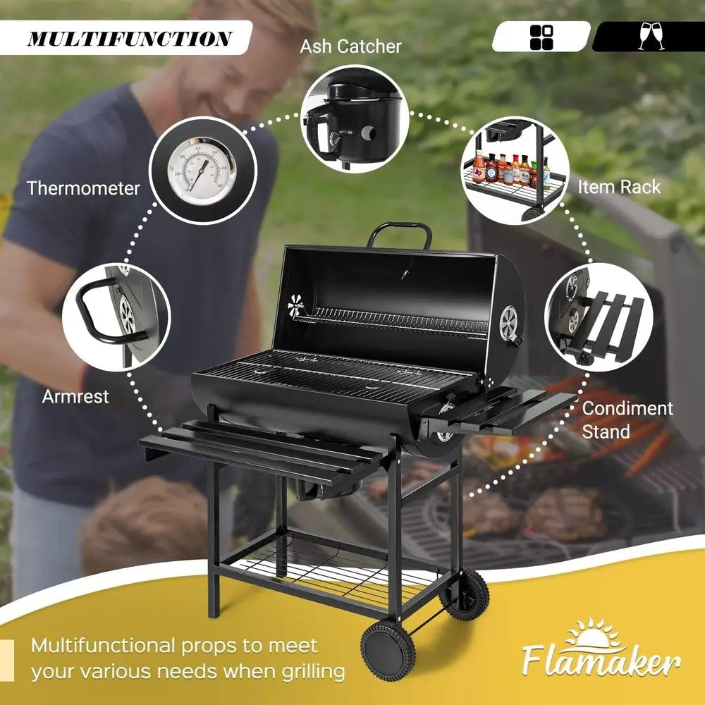 Barrel-Style BBQ Grill | 565 Sq. In., Triple Racks, Built-in Thermometer, Chrome-Plated Iron, Adjustable Ash Catcher