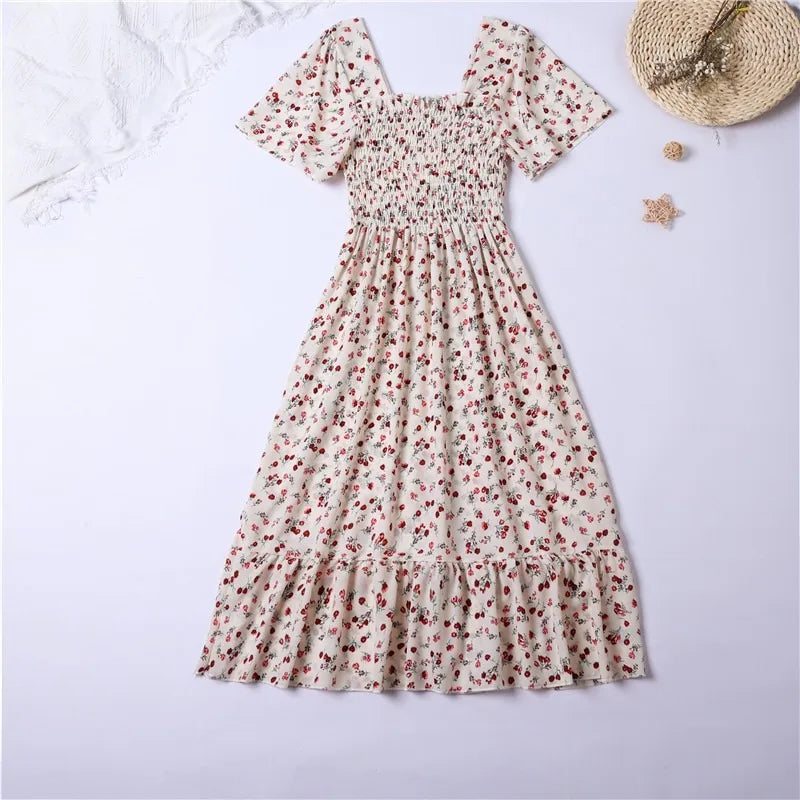 Women's Chiffon Floral Pleated Midi Dress – Short Sleeve Elastic Waist Backless Casual Dress