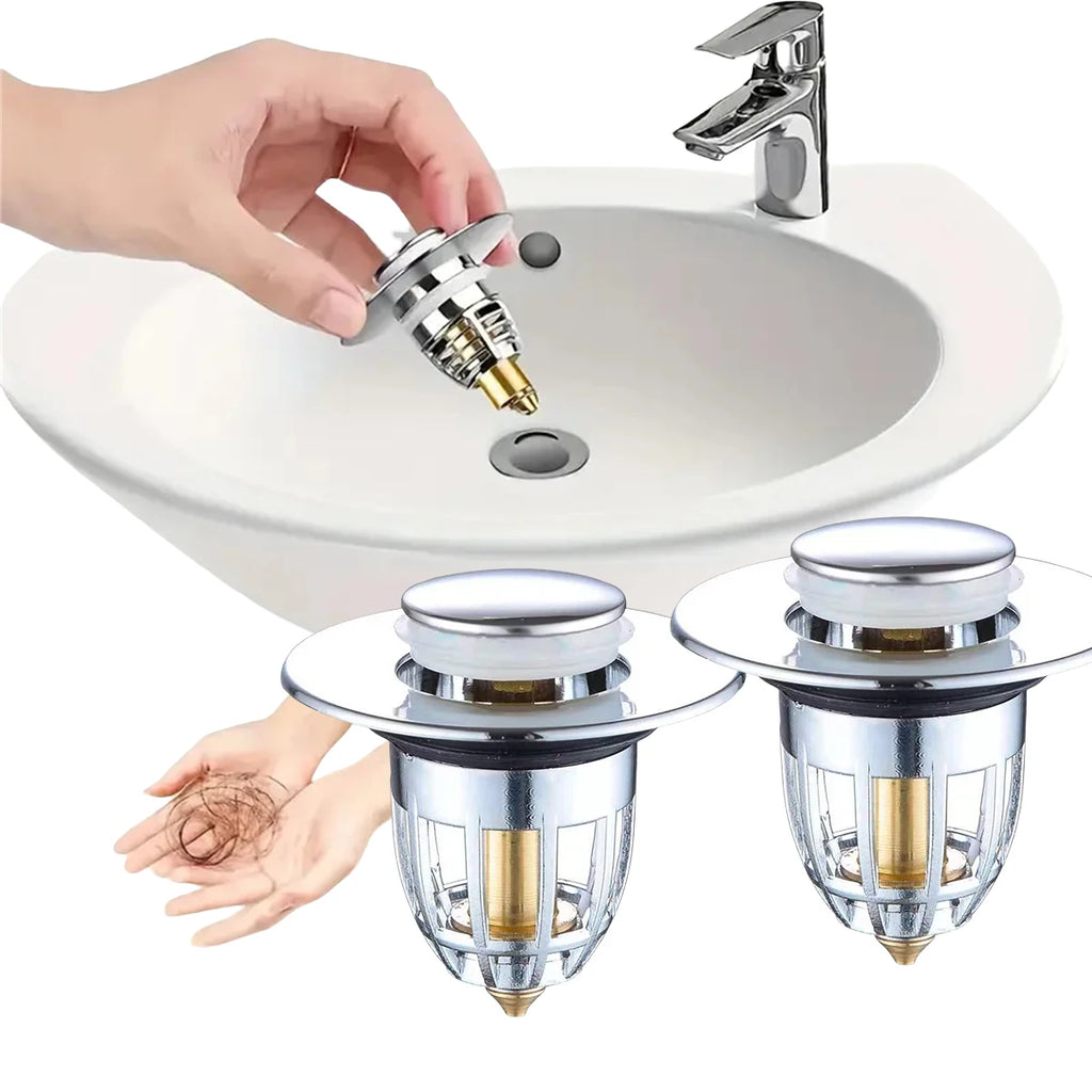No More Clogged Drains — Pop-Up Chrome Sink Drain Stopper | Universal Rebound Filter with Hair Catcher, Easy Push Type